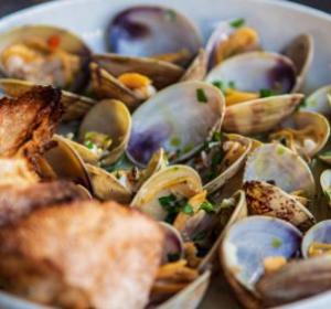Vongole fresche servite con pane tostato e condite con erbe aromatiche.
