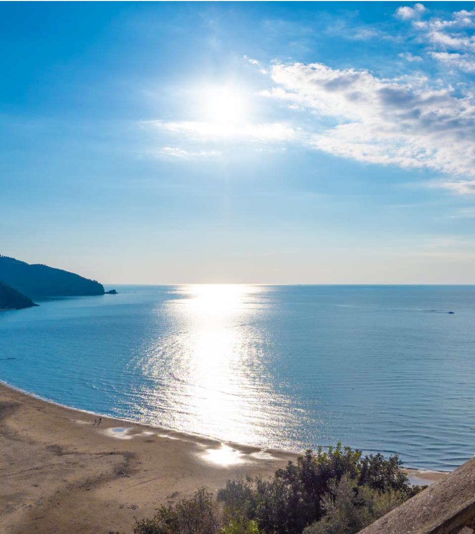 Spiaggia sabbiosa e mare calmo sotto un cielo soleggiato e azzurro.